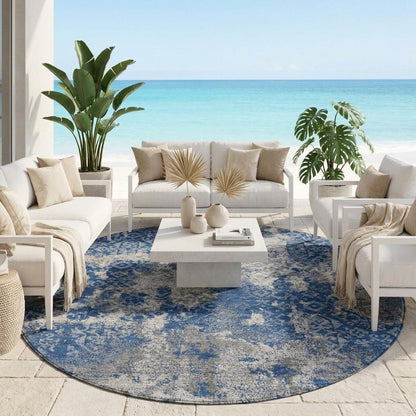 8' Navy Blue And Blue Round Abstract Washable Indoor Outdoor Area Rug HomeRoots