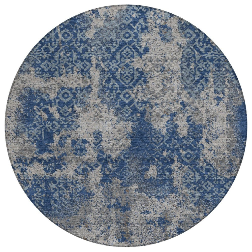 8' Navy Blue And Blue Round Abstract Washable Indoor Outdoor Area Rug HomeRoots