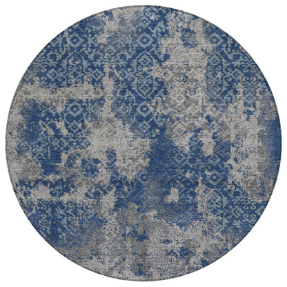 8' Navy Blue And Blue Round Abstract Washable Indoor Outdoor Area Rug HomeRoots