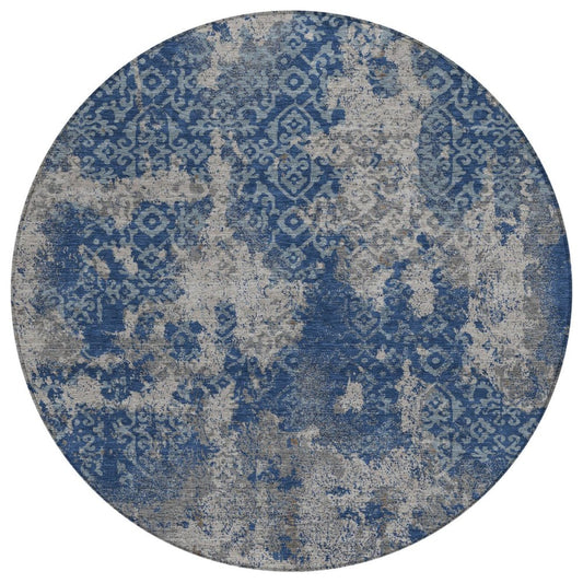 8' Navy Blue And Blue Round Abstract Washable Indoor Outdoor Area Rug