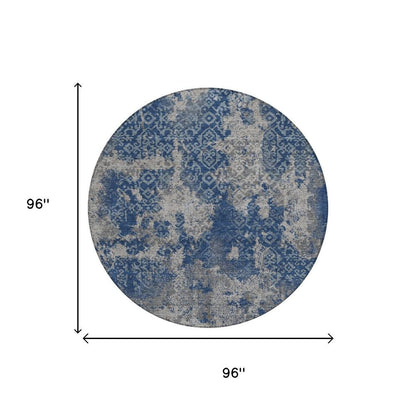 8' Navy Blue And Blue Round Abstract Washable Indoor Outdoor Area Rug HomeRoots