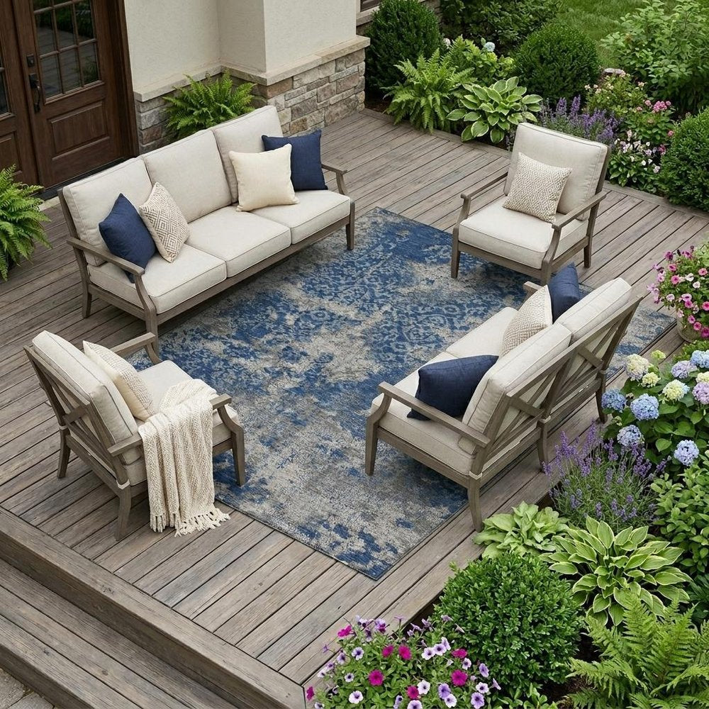 10' X 14' Navy Blue And Blue Abstract Washable Indoor Outdoor Area Rug