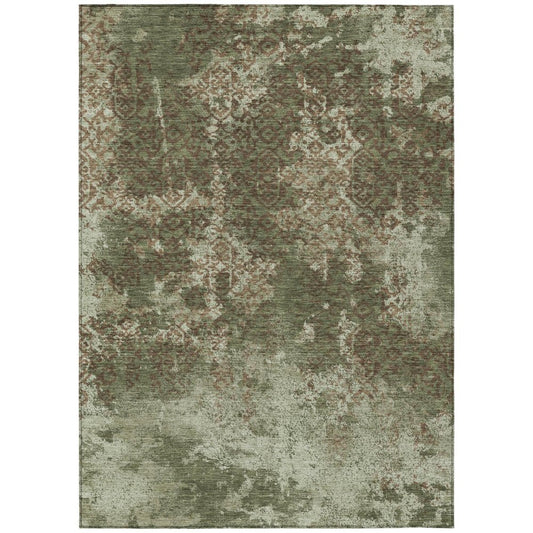 5' X 8' Olive Green And Green Abstract Washable Indoor Outdoor Area Rug