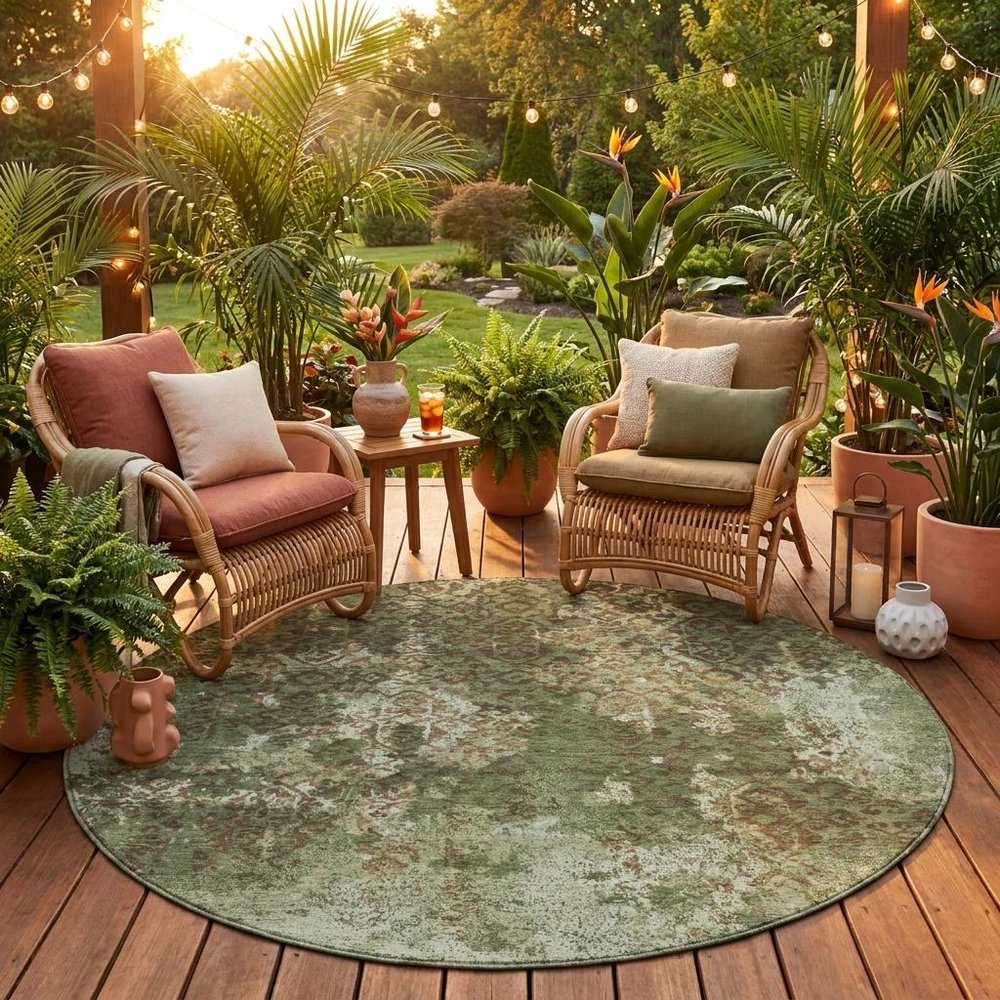 8' Olive Green And Green Round Abstract Washable Indoor Outdoor Area Rug — view 5