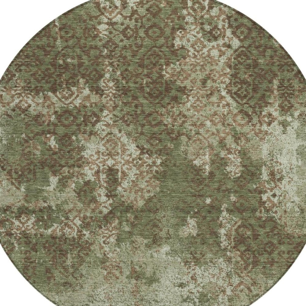 8' Olive Green And Green Round Abstract Washable Indoor Outdoor Area Rug