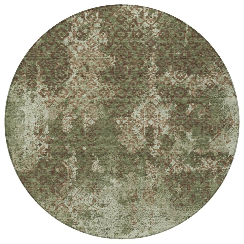 8' Olive Green And Green Round Abstract Washable Indoor Outdoor Area Rug