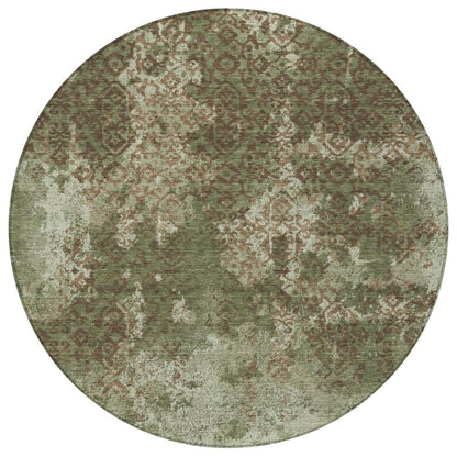 8' Olive Green And Green Round Abstract Washable Indoor Outdoor Area Rug