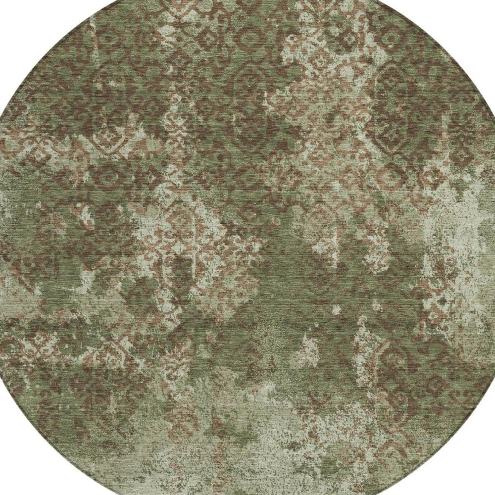 8' Olive Green And Green Round Abstract Washable Indoor Outdoor Area Rug