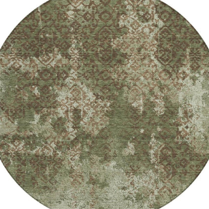 8' Olive Green And Green Round Abstract Washable Indoor Outdoor Area Rug