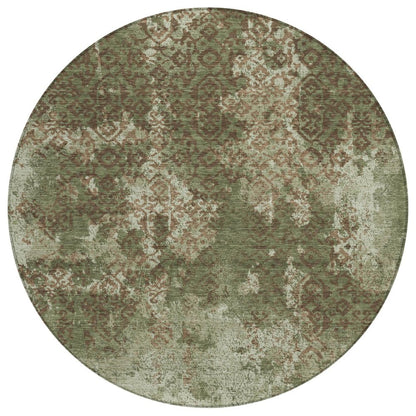 8' Olive Green And Green Round Abstract Washable Indoor Outdoor Area Rug