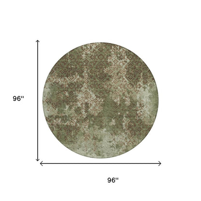8' Olive Green And Green Round Abstract Washable Indoor Outdoor Area Rug