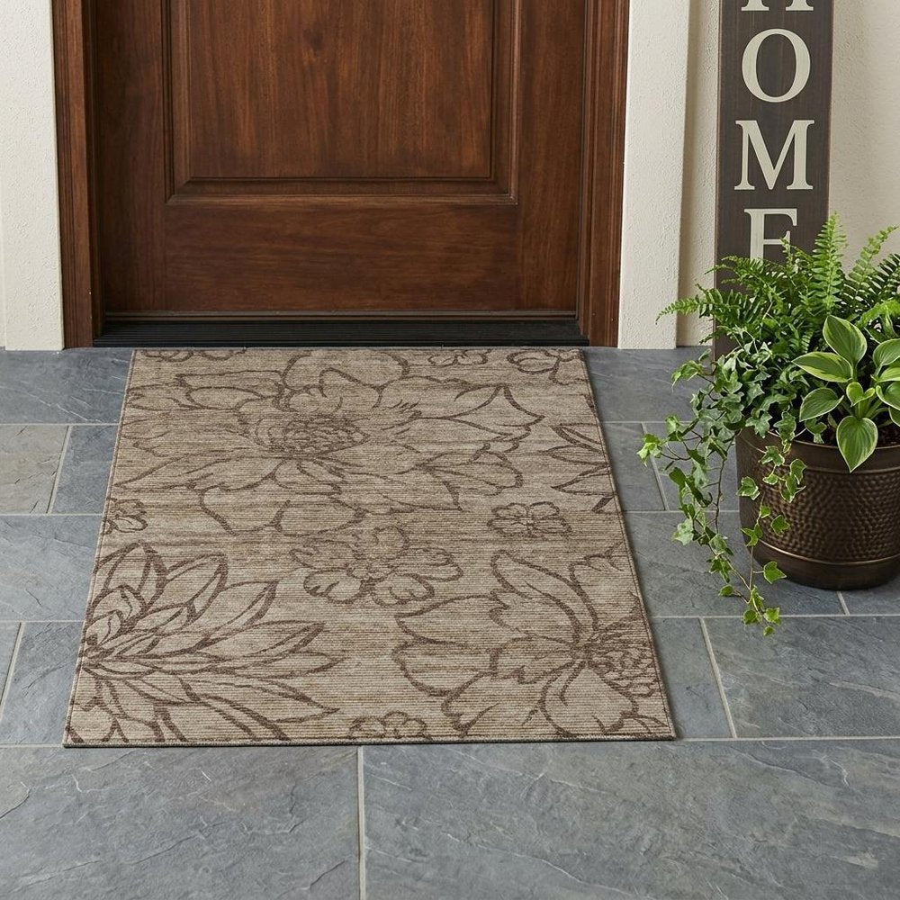 3' X 5' Beige And Brown Floral Washable Indoor Outdoor Area Rug — view 5