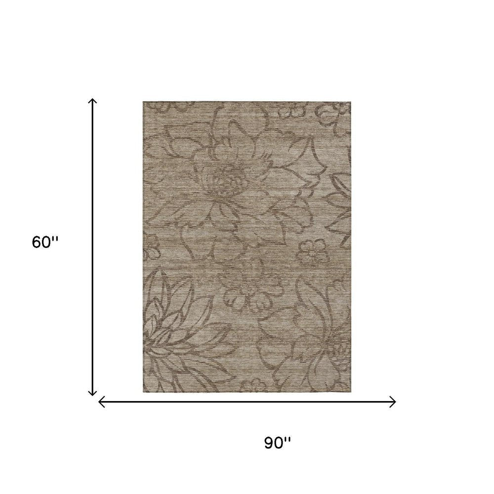 5' X 8' Beige And Brown Floral Washable Indoor Outdoor Area Rug — view 4