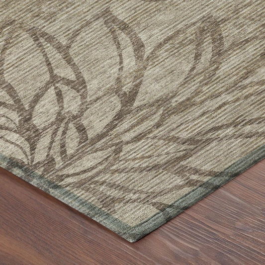 5' X 8' Beige And Brown Floral Washable Indoor Outdoor Area Rug