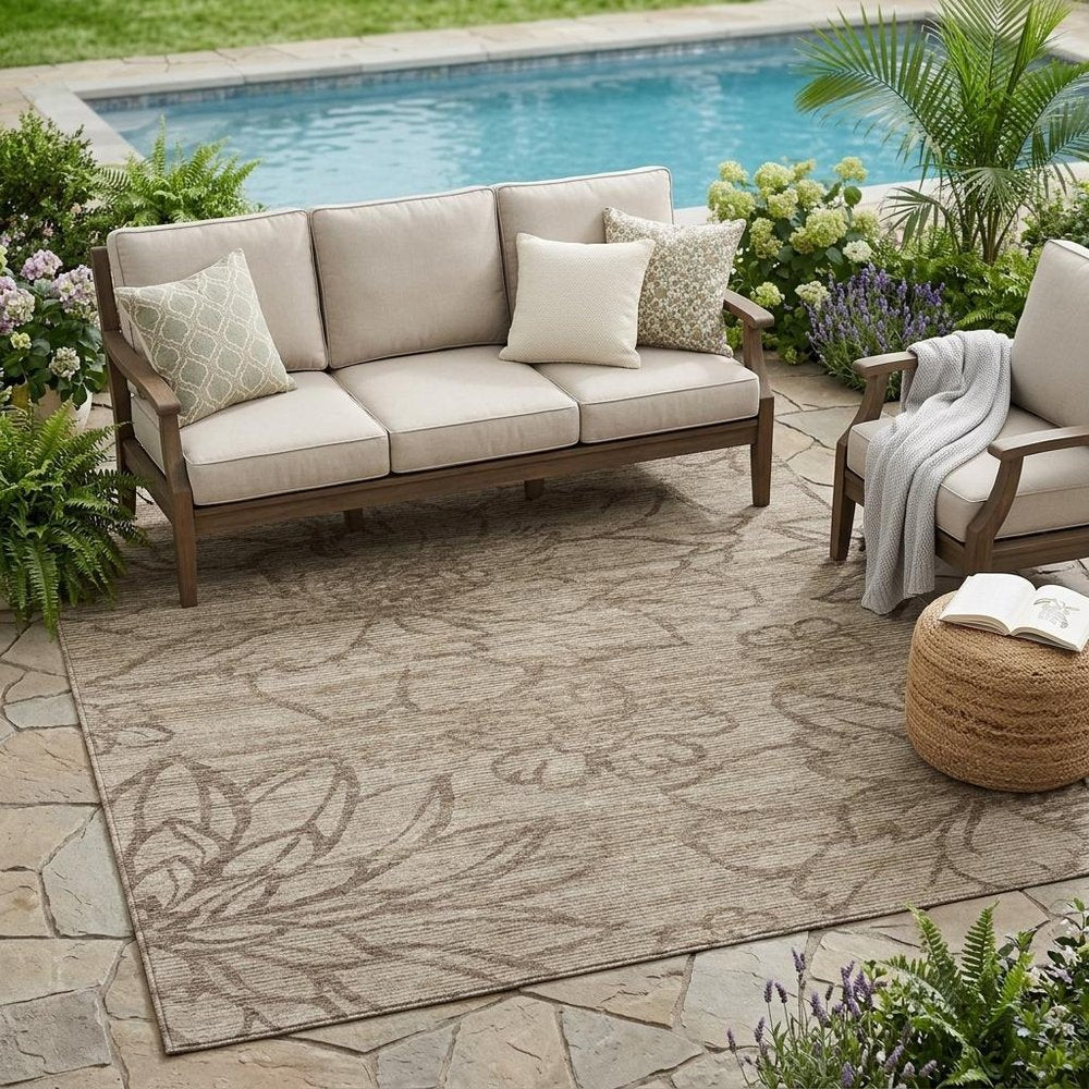 5' X 8' Beige And Brown Floral Washable Indoor Outdoor Area Rug — view 5
