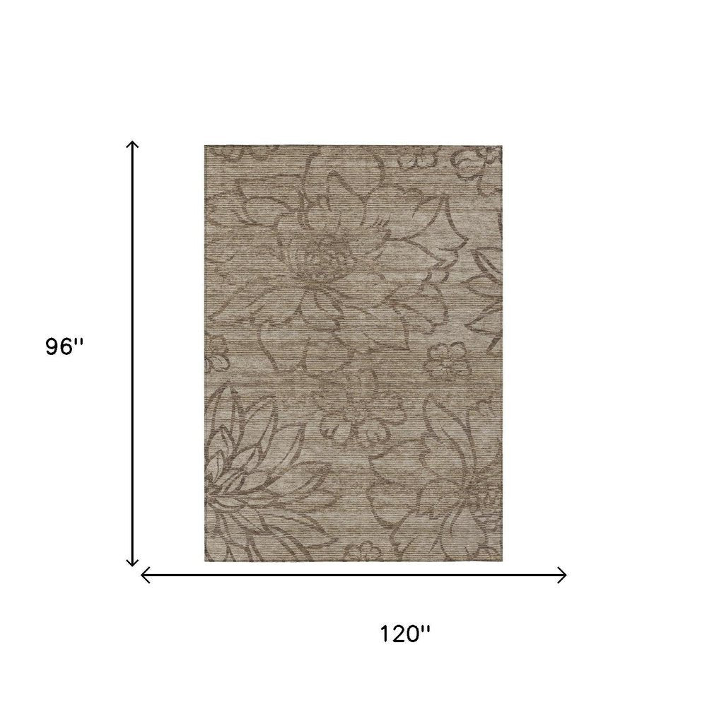 8' X 10' Beige And Brown Floral Washable Indoor Outdoor Area Rug — view 4