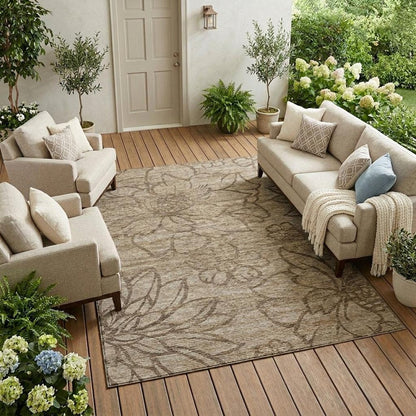 9' X 12' Beige And Brown Floral Washable Indoor Outdoor Area Rug HomeRoots