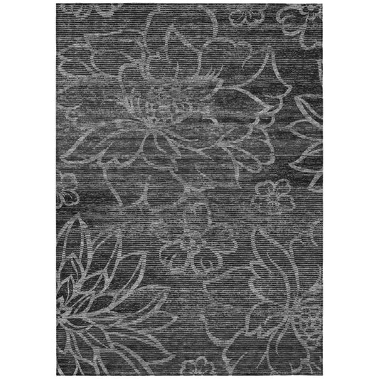5' X 8' Black And Graphite Floral Washable Indoor Outdoor Area Rug