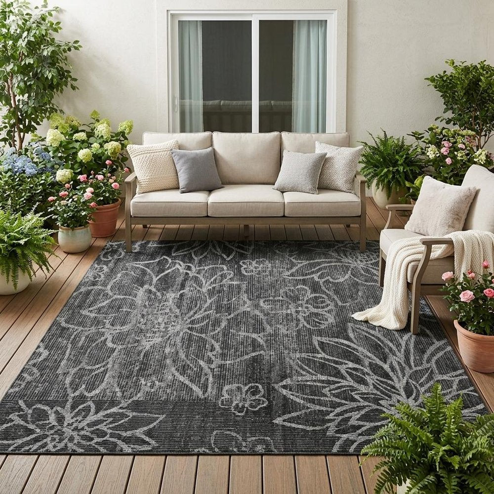 5' X 8' Black And Graphite Floral Washable Indoor Outdoor Area Rug — view 5
