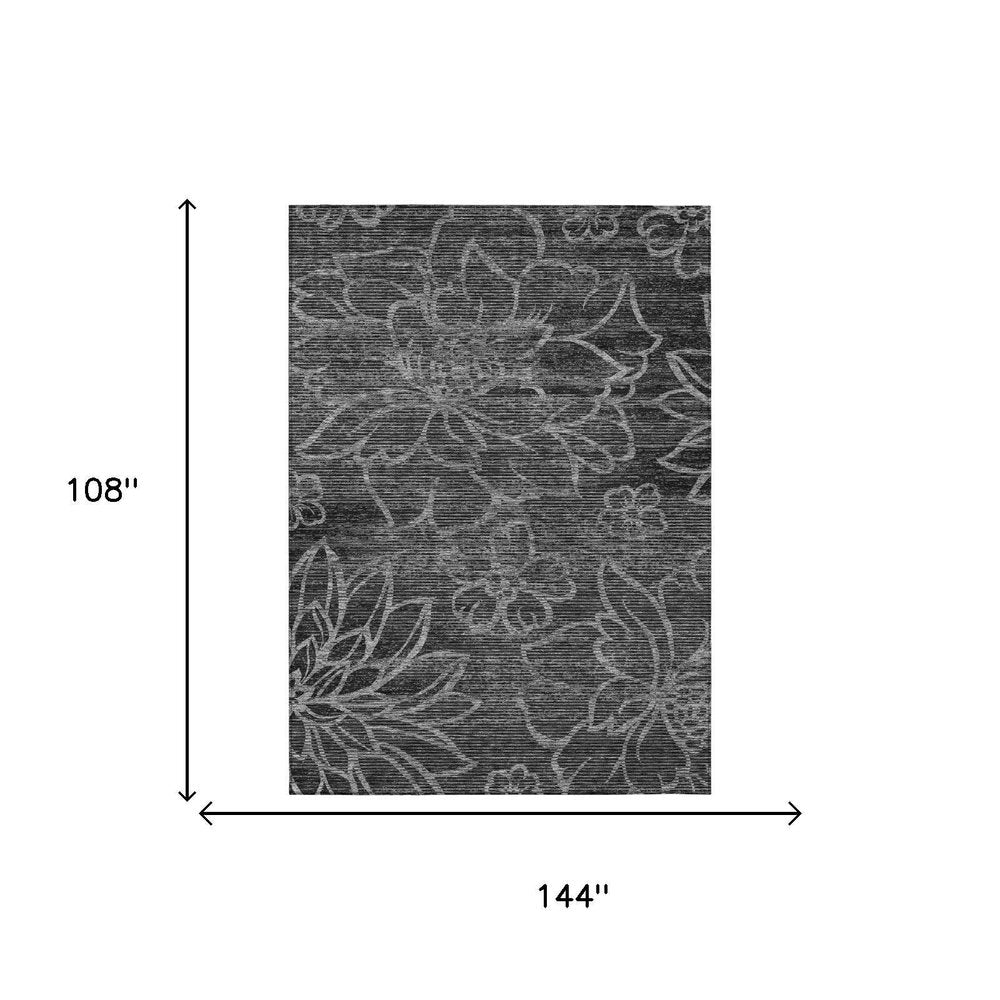 9' X 12' Black And Graphite Floral Washable Indoor Outdoor Area Rug