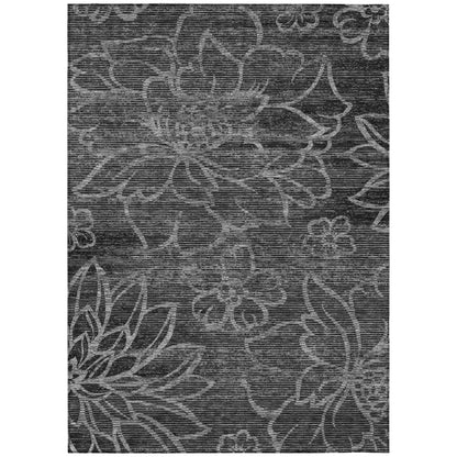 9' X 12' Black And Graphite Floral Washable Indoor Outdoor Area Rug