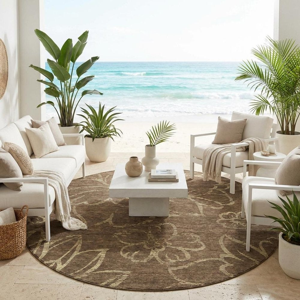 8' Chocolate And Brown Round Floral Washable Indoor Outdoor Area Rug HomeRoots