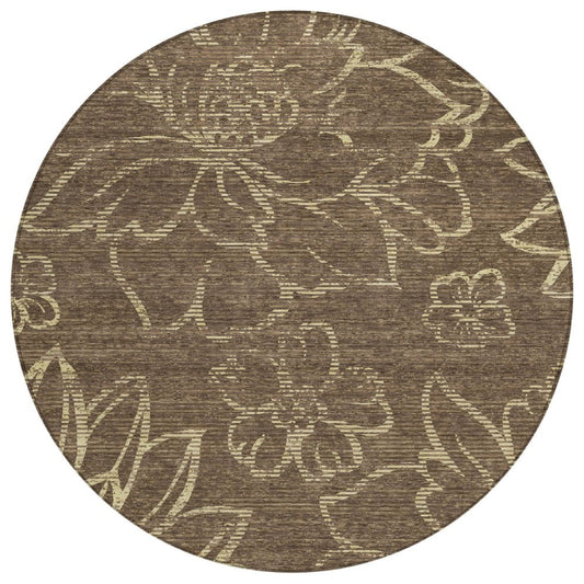 8' Chocolate And Brown Round Floral Washable Indoor Outdoor Area Rug