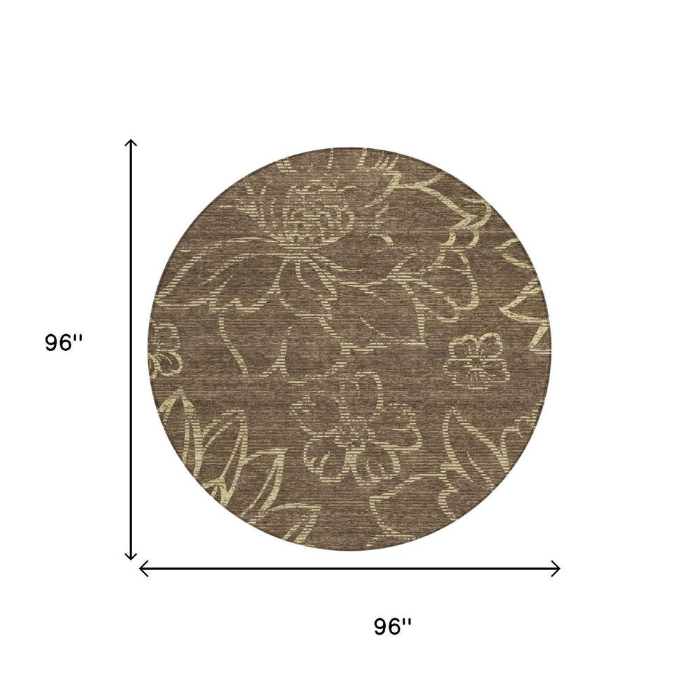 8' Chocolate And Brown Round Floral Washable Indoor Outdoor Area Rug — view 4