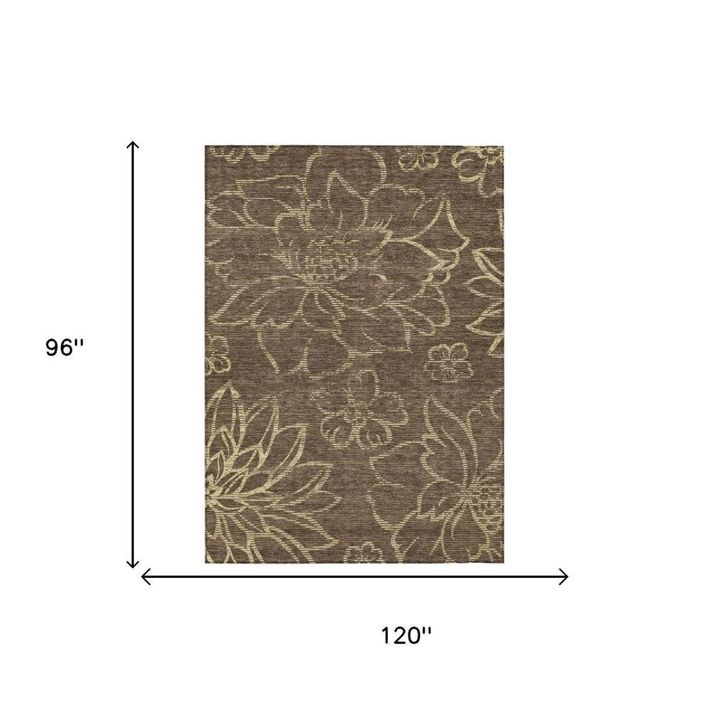8' X 10' Chocolate And Brown Floral Washable Indoor Outdoor Area Rug — view 4