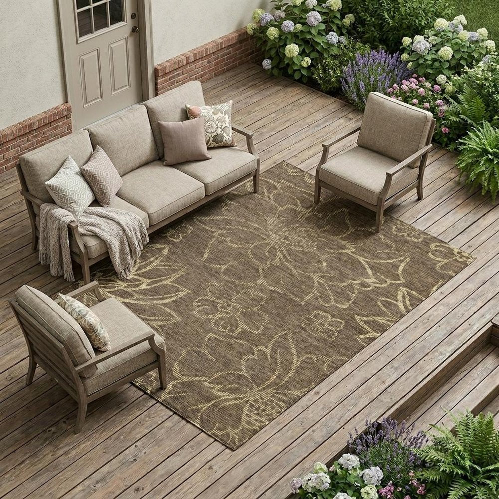 8' X 10' Chocolate And Brown Floral Washable Indoor Outdoor Area Rug — view 5