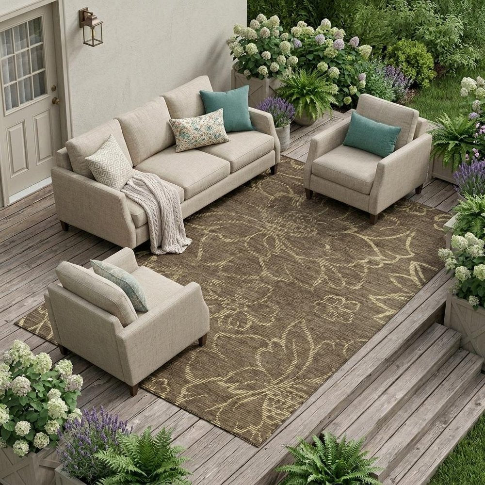9' X 12' Chocolate And Brown Floral Washable Indoor Outdoor Area Rug HomeRoots