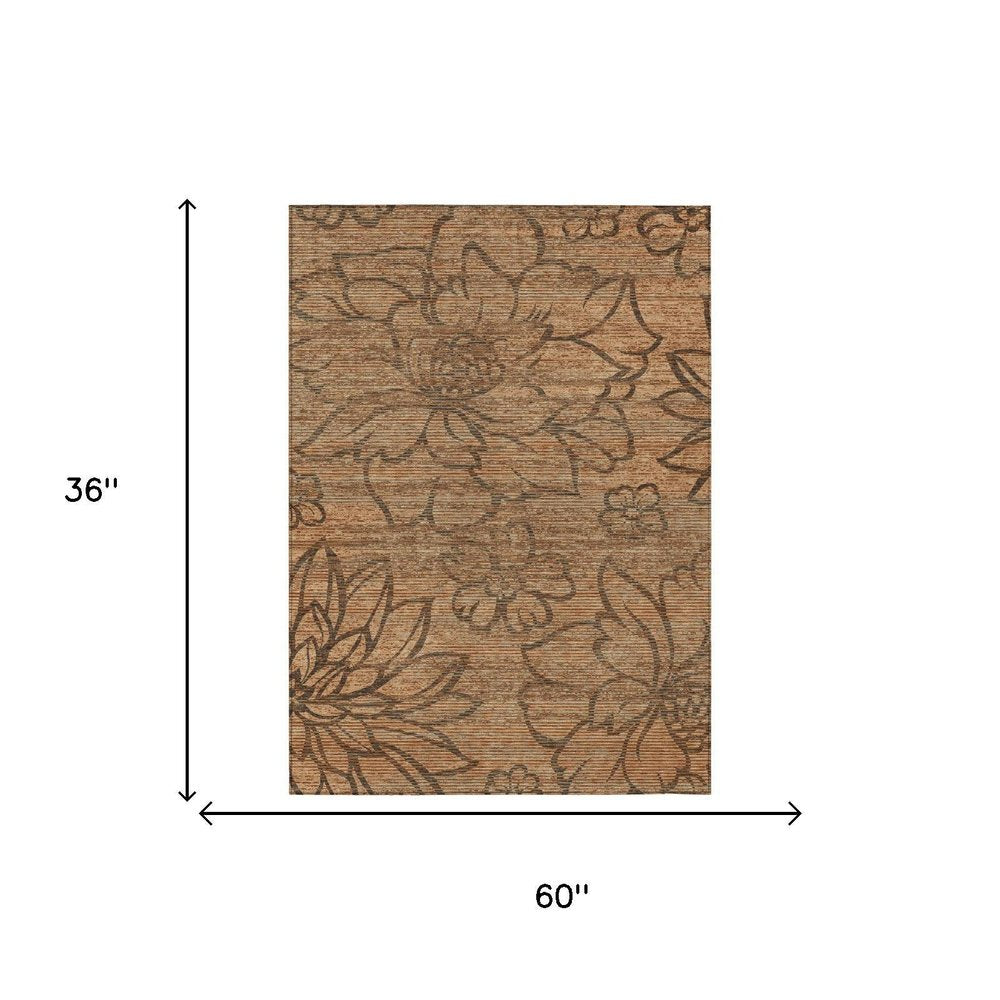 3' X 5' Copper And Orange Floral Washable Indoor Outdoor Area Rug — view 4