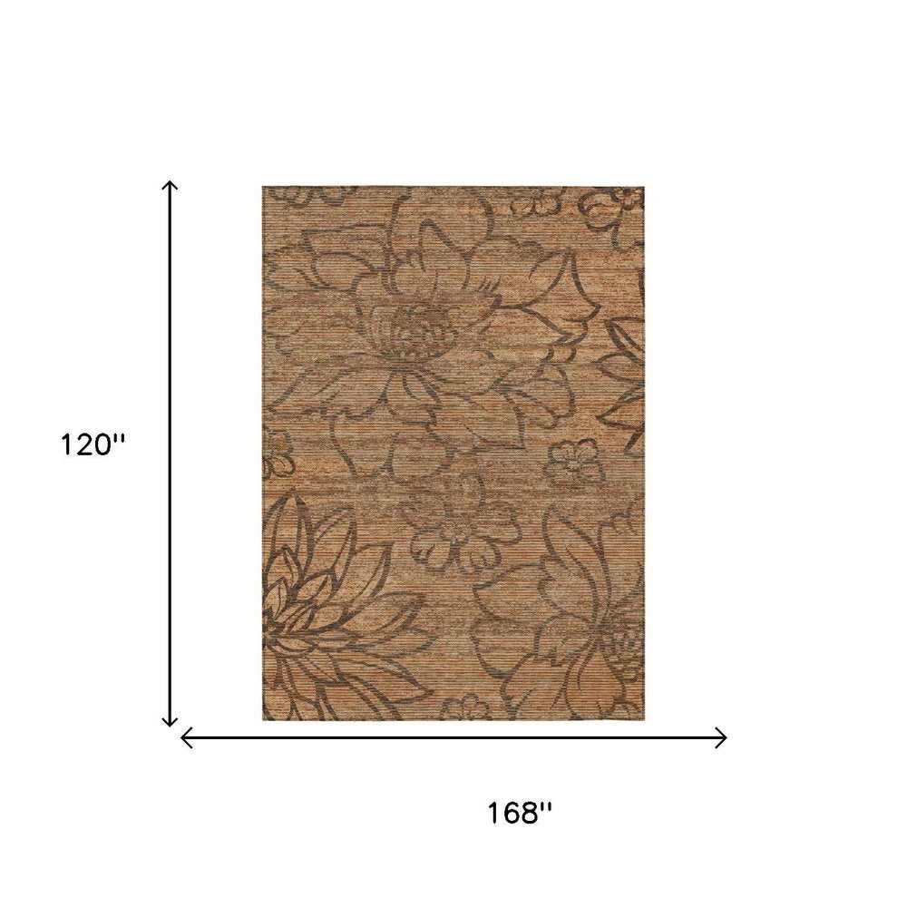 10' X 14' Copper And Orange Floral Washable Indoor Outdoor Area Rug — view 4