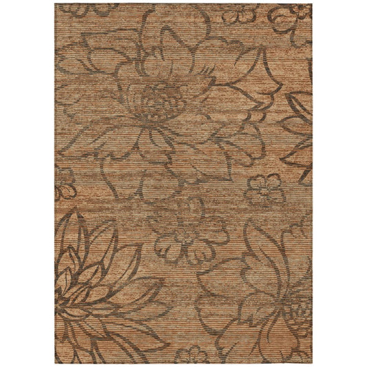 10' X 14' Copper And Orange Floral Washable Indoor Outdoor Area Rug