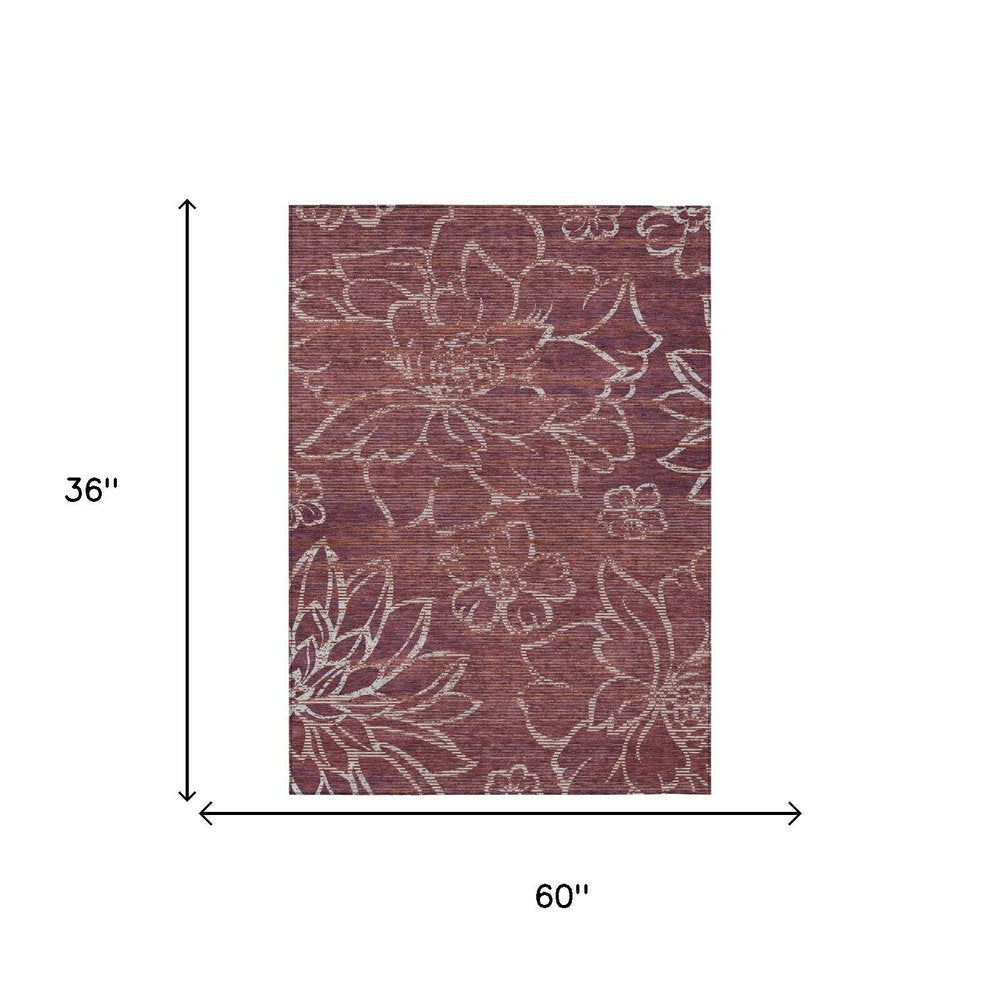 3' X 5' Eggplant And Purple Floral Washable Indoor Outdoor Area Rug HomeRoots