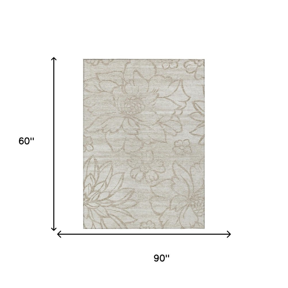 5' X 8' Ivory And Silver Floral Washable Indoor Outdoor Area Rug HomeRoots