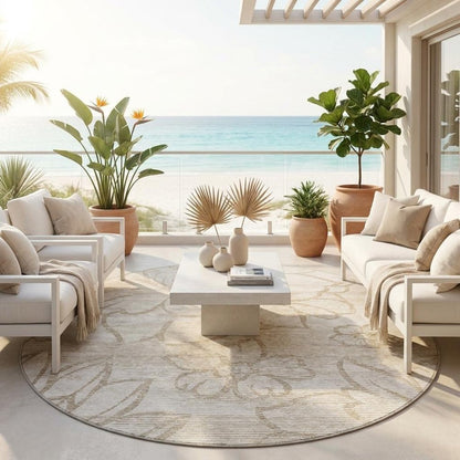 8' Ivory And Silver Round Floral Washable Indoor Outdoor Area Rug HomeRoots