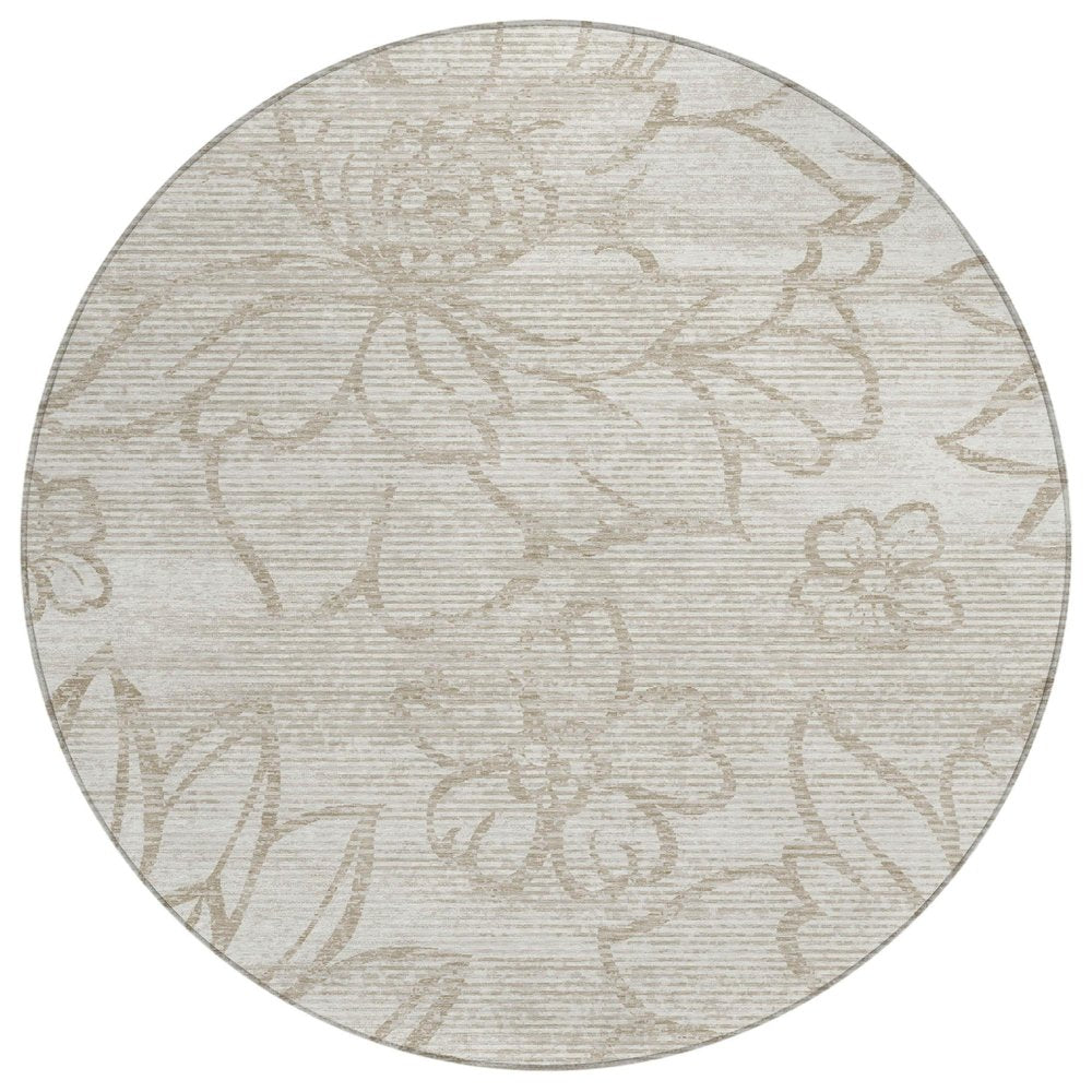 8' Ivory And Silver Round Floral Washable Indoor Outdoor Area Rug HomeRoots