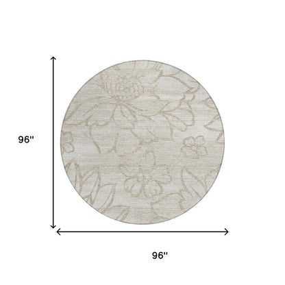 8' Ivory And Silver Round Floral Washable Indoor Outdoor Area Rug HomeRoots