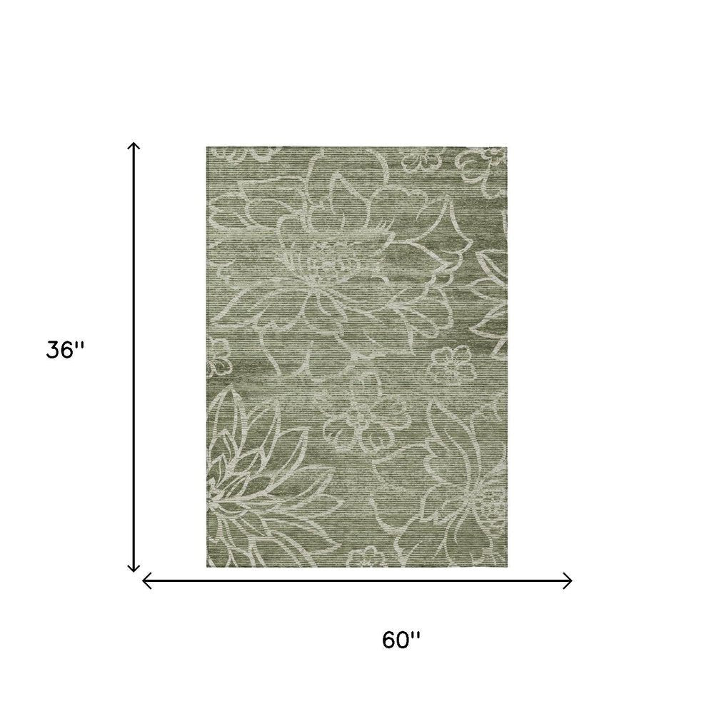 3' X 5' Olive Green And Green Floral Washable Indoor Outdoor Area Rug — view 4