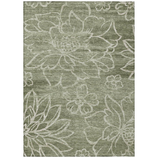 3' X 5' Olive Green And Green Floral Washable Indoor Outdoor Area Rug