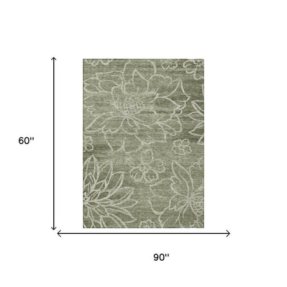 5' X 8' Olive Green And Green Floral Washable Indoor Outdoor Area Rug HomeRoots