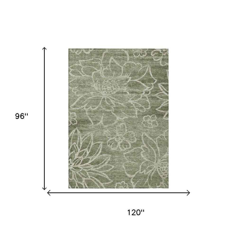 8' X 10' Olive Green And Green Floral Washable Indoor Outdoor Area Rug HomeRoots