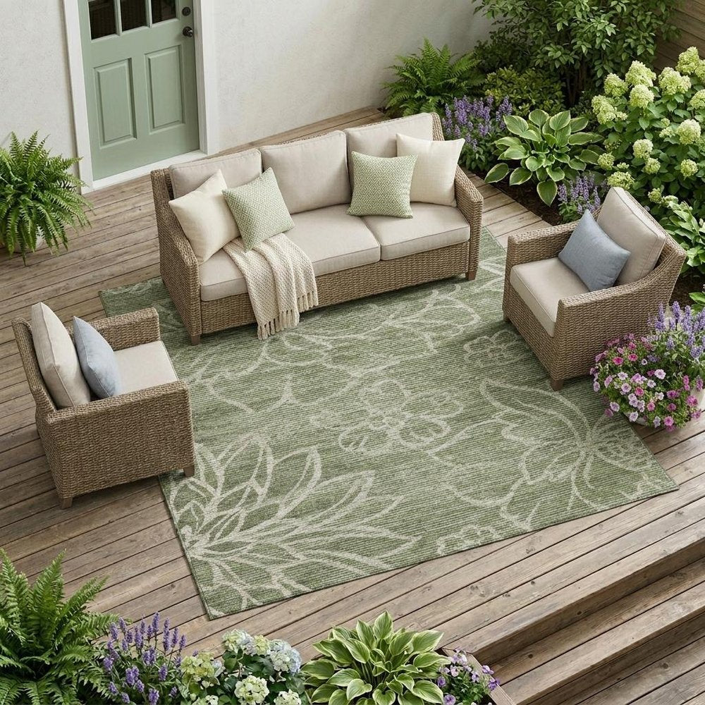 8' X 10' Olive Green And Green Floral Washable Indoor Outdoor Area Rug — view 6