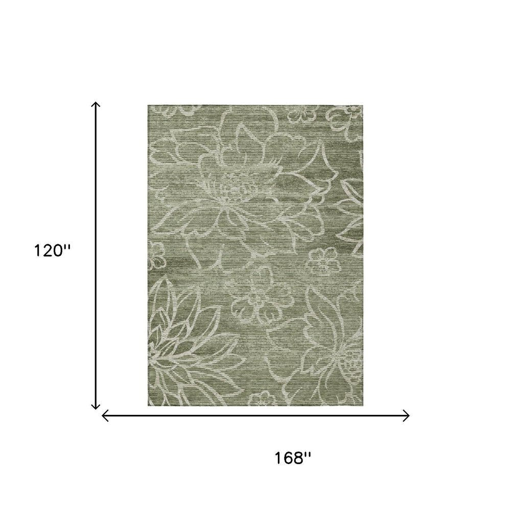 10' X 14' Olive Green And Green Floral Washable Indoor Outdoor Area Rug HomeRoots