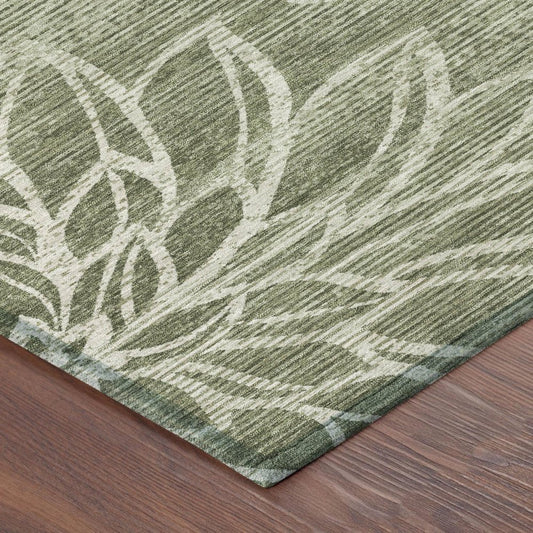 10' X 14' Olive Green And Green Floral Washable Indoor Outdoor Area Rug