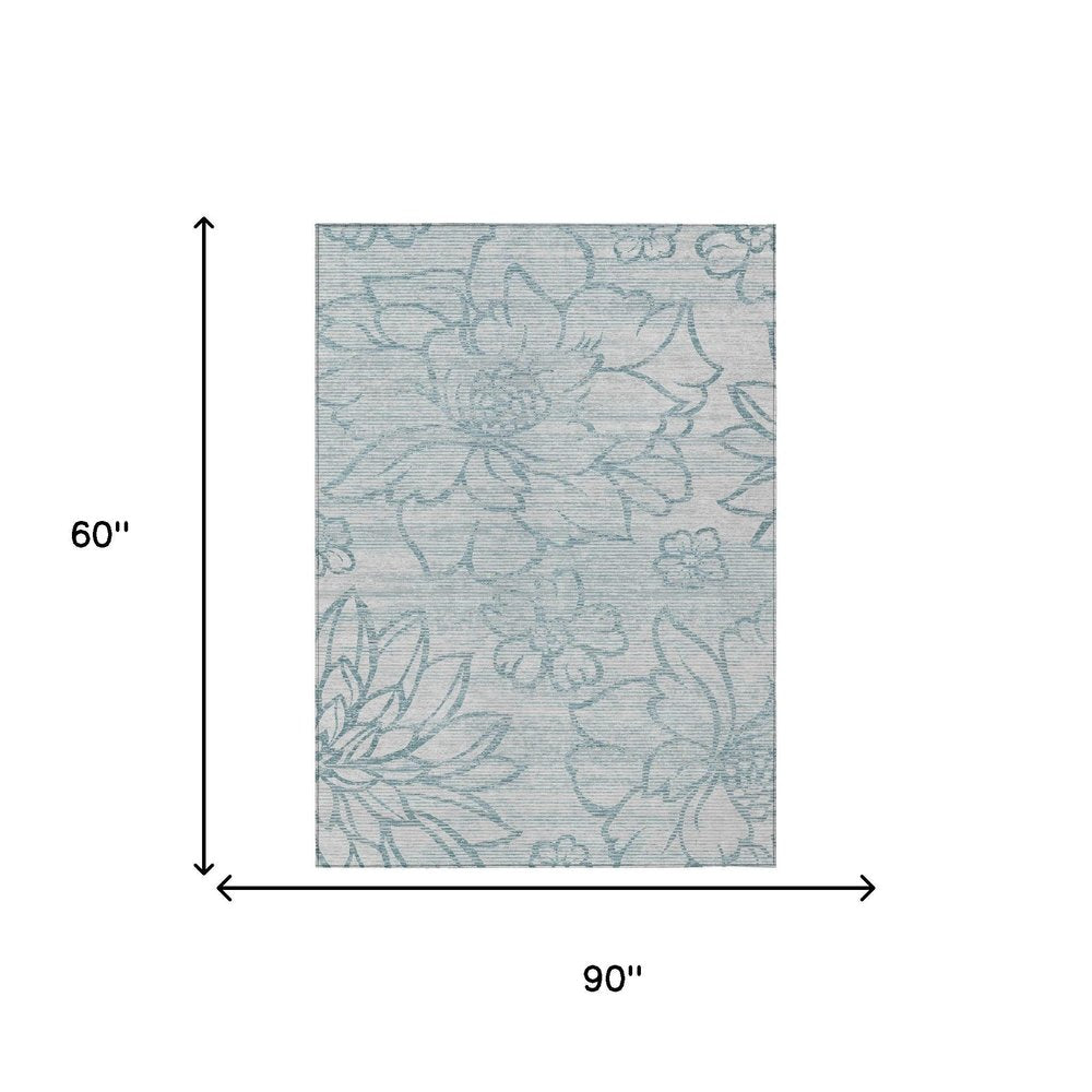 5' X 8' Silver And Gray Floral Washable Indoor Outdoor Area Rug HomeRoots