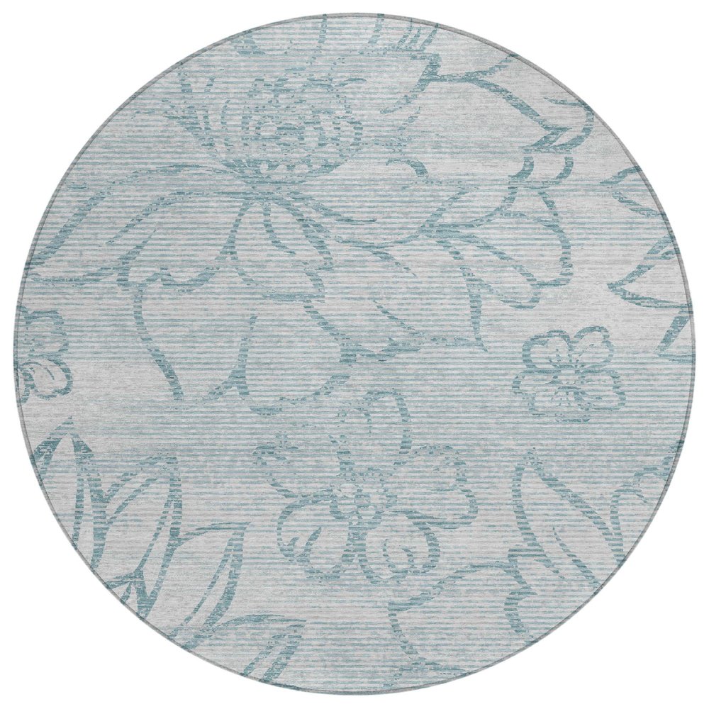 8' Silver And Gray Round Floral Washable Indoor Outdoor Area Rug HomeRoots