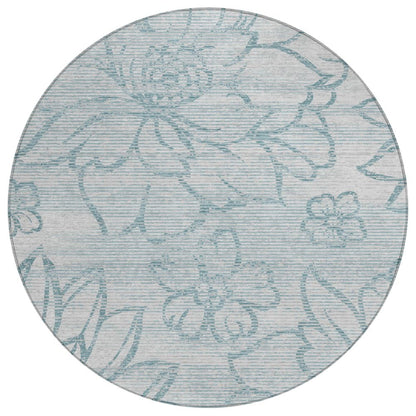 8' Silver And Gray Round Floral Washable Indoor Outdoor Area Rug HomeRoots