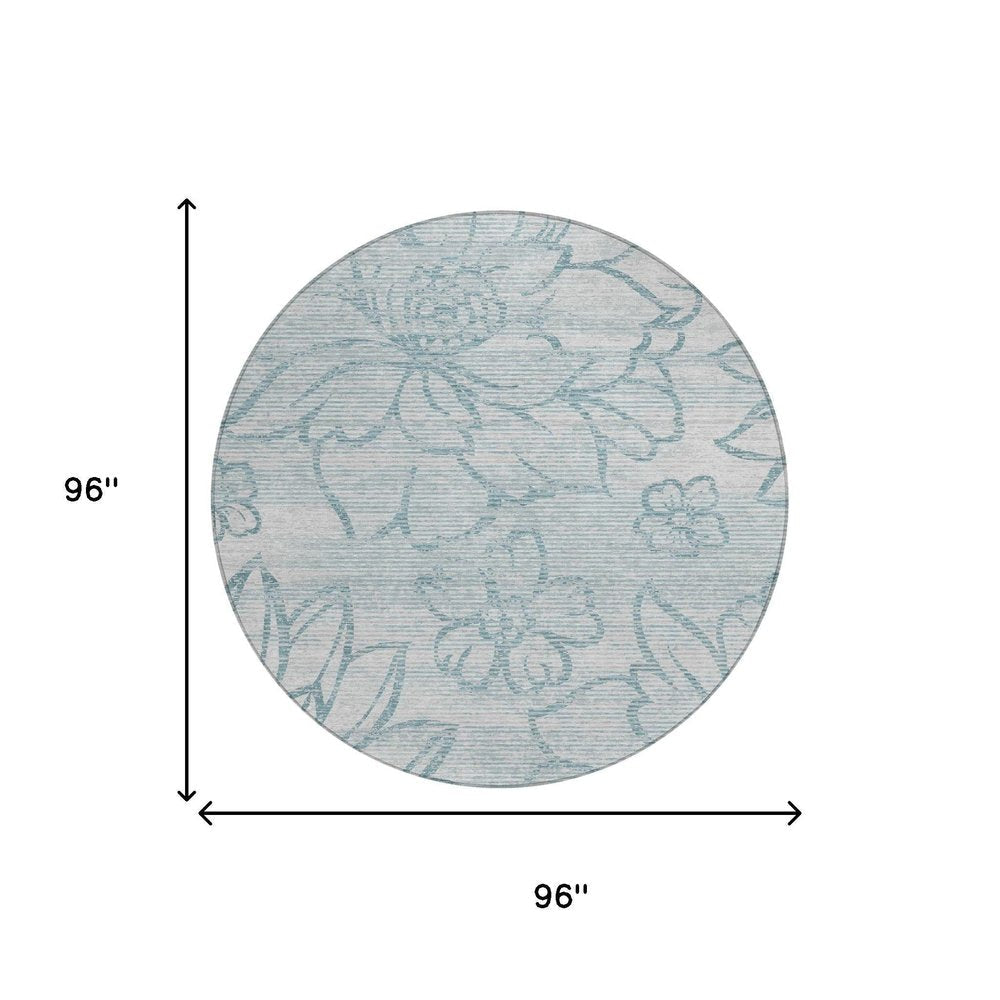 8' Silver And Gray Round Floral Washable Indoor Outdoor Area Rug HomeRoots